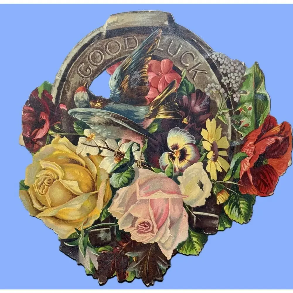 Victorian Die Cut Trade Card Horseshoe w/ Good Luck Flower Basket Paper Scrap